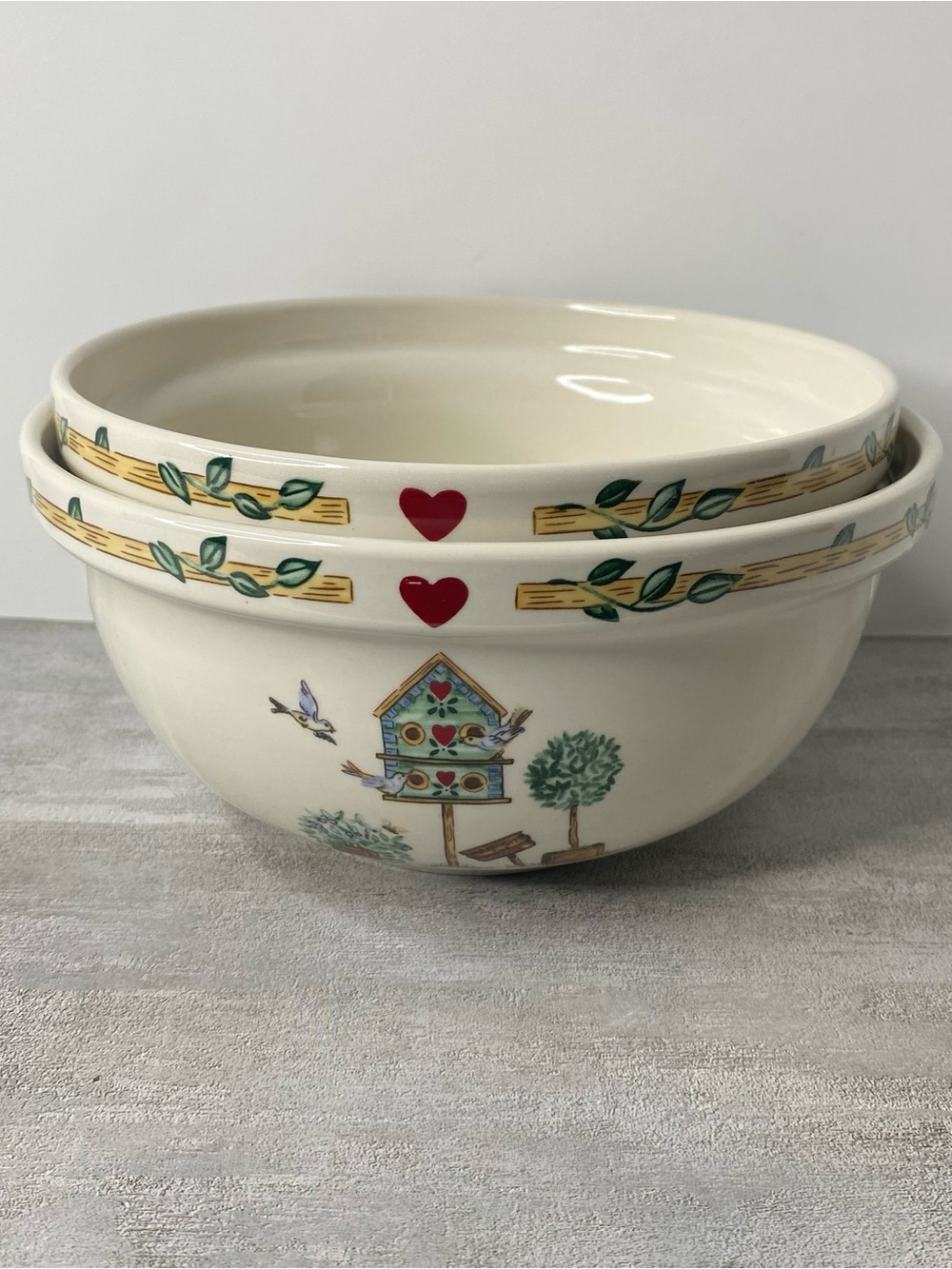 2 Thomson Pottery Birdhouse Mixing Bowls Creamed Colored Farmhouse Pattern 7"-8"
